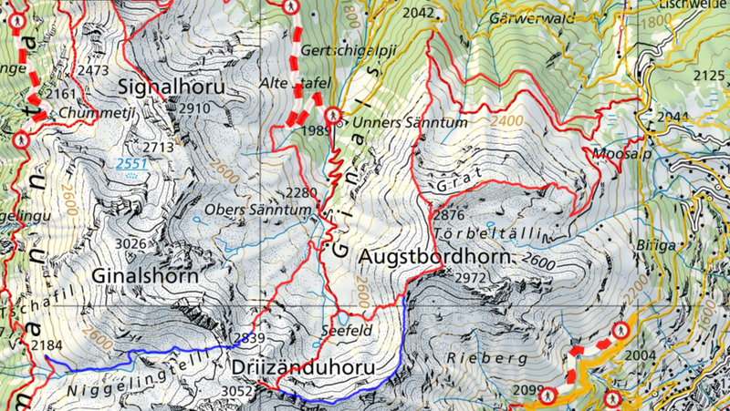 In der Kartenansicht von Swisstopo sind die Wanderwege und auch gesperrte Routen angezeigt. Mit den Zeichentools kann man Strecken messen und Höhenprofile erstellen lassen. Kartenansicht