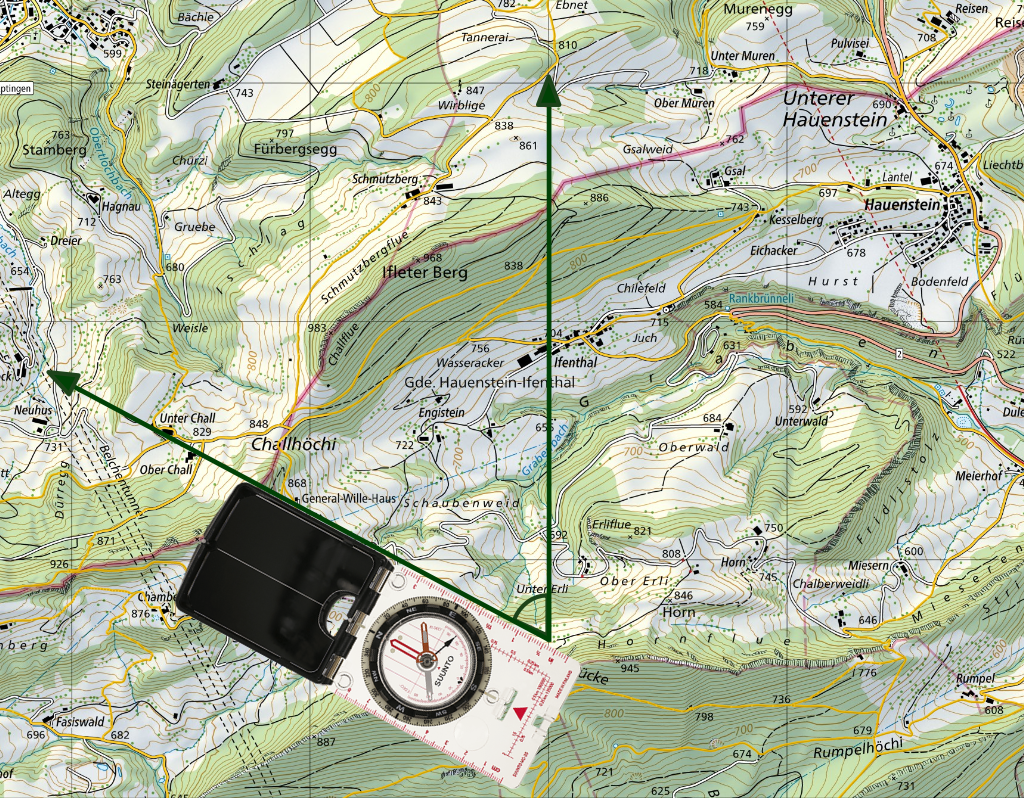 Navigation mit Karte und Kompass